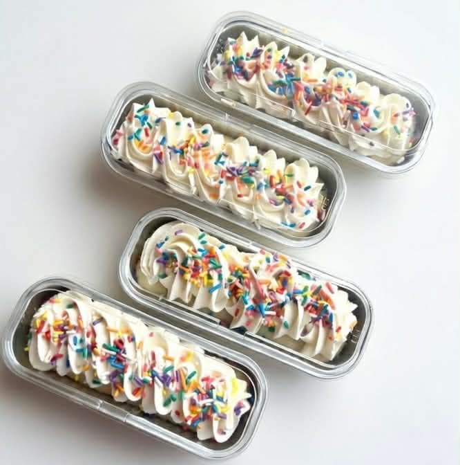 Four mini cake containers with white frosting and rainbow sprinkles